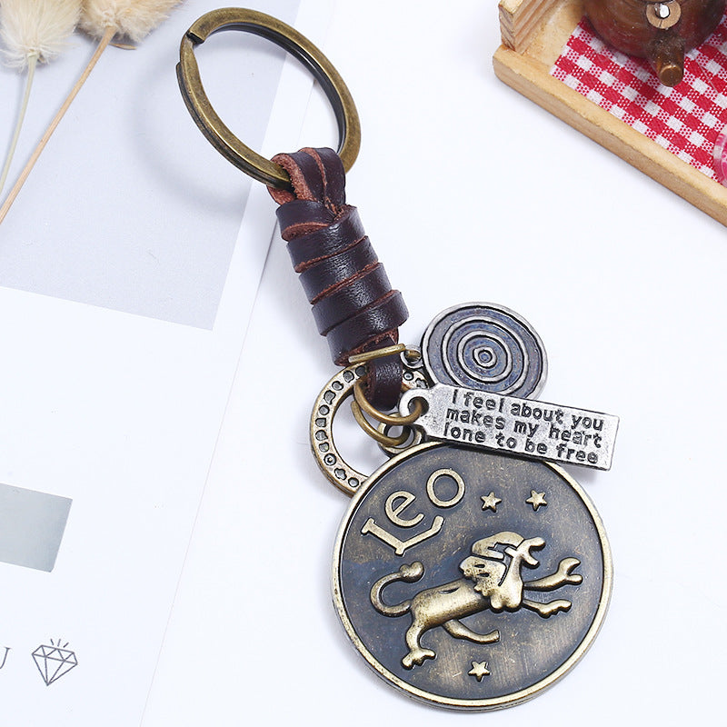 Wholesale Retro Woven 12 Constellation Cowhide Keychain